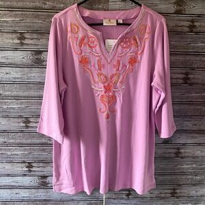 Quacker Factory Women's Top Sz L Pink/Purple Embroidered Sequins Fish V-Neck NWT